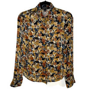 Stunning Semi Sheer Floral Print Long Sleeved Blouse Brown Black Navy 8
